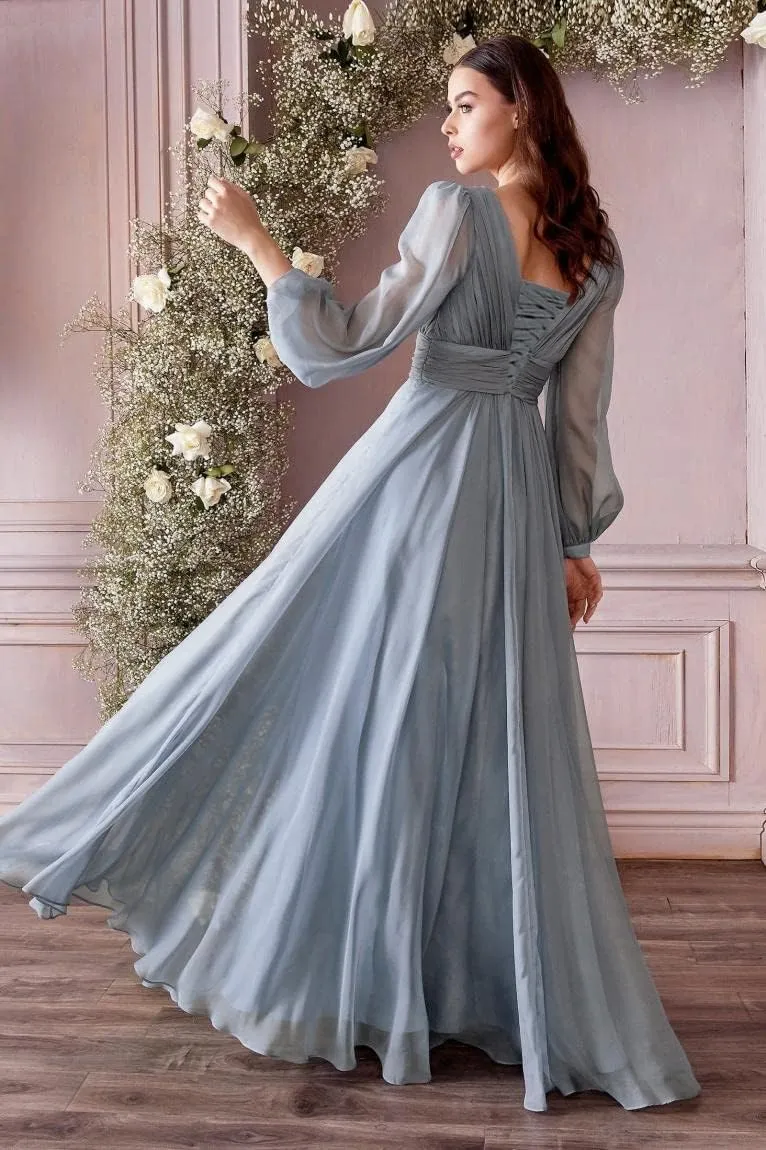 Women's Long Sleeves Bridesmaid Dresses Chiffon A-Line Party Dresses with Sleeves Pleated V-Neck Formal Dresses