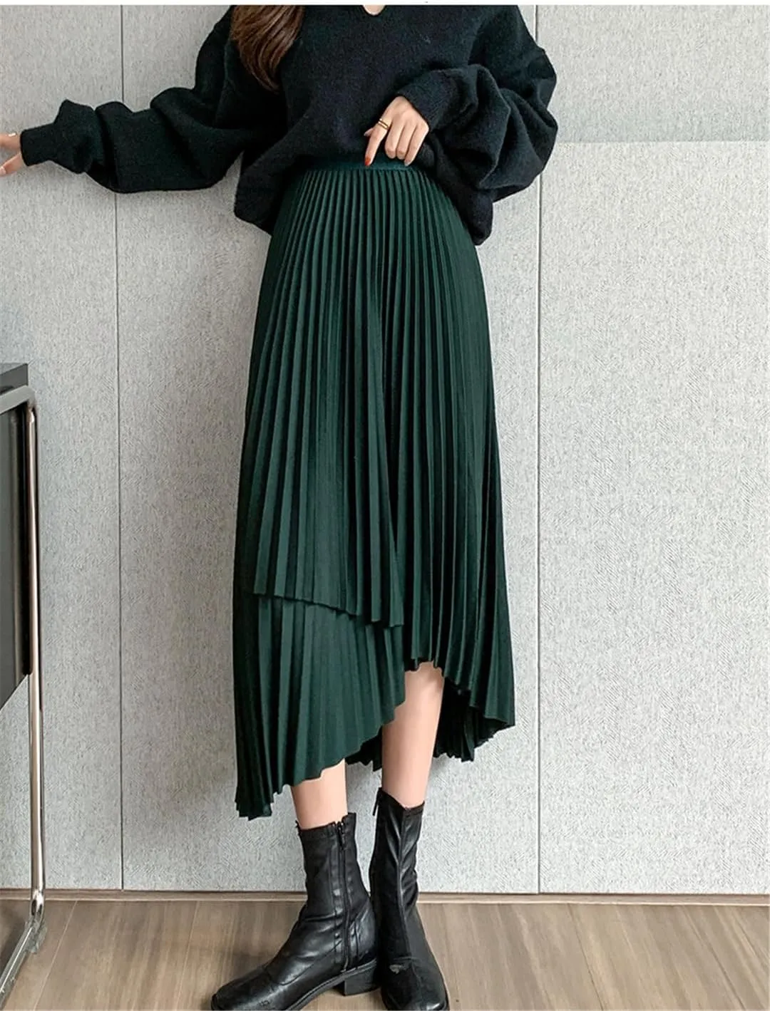 Women's Midi Pleated Skirt Asymmetrical Slim Elastic Waist Vintage A-Line Skirts