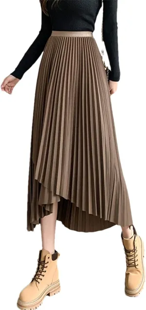 Women's Midi Pleated Skirt Asymmetrical Slim Elastic Waist Vintage A-Line Skirts