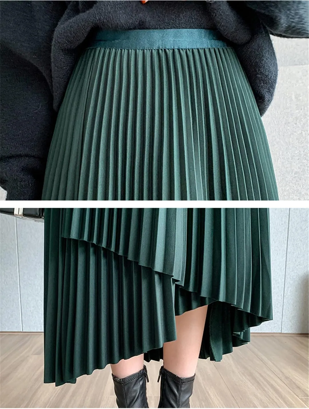 Women's Midi Pleated Skirt Asymmetrical Slim Elastic Waist Vintage A-Line Skirts