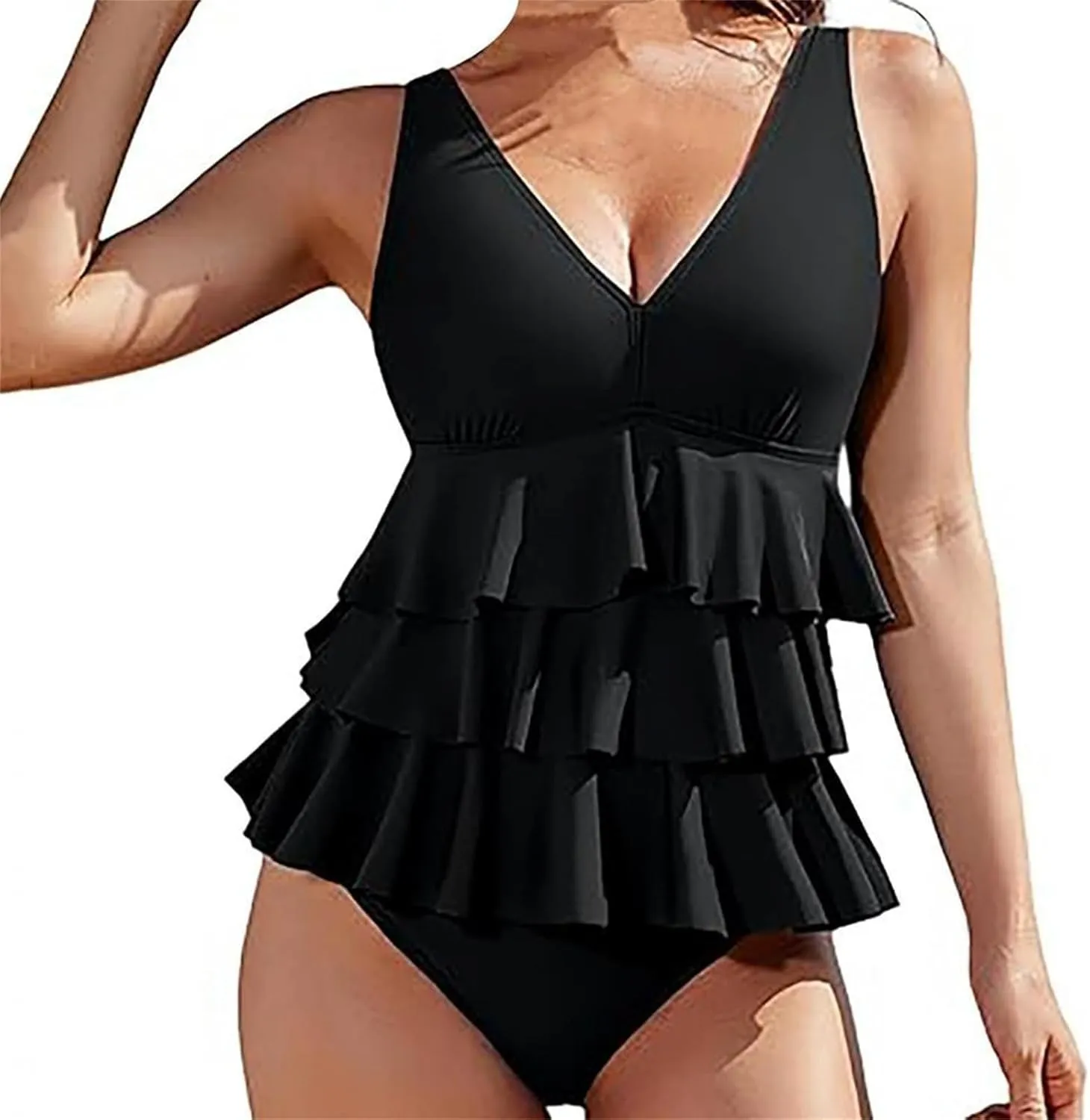 Womens One Piece Bathing Suits Tummy Control V Neck Tiered Ruffle Swimsuits Retro Flounce High Cut Monokini Swimwear