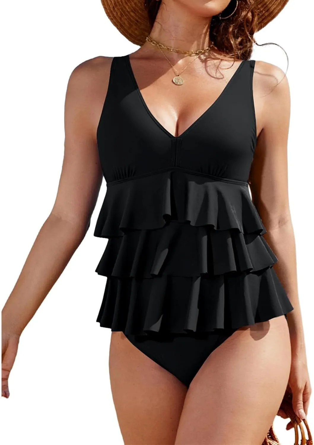 Womens One Piece Bathing Suits Tummy Control V Neck Tiered Ruffle Swimsuits Retro Flounce High Cut Monokini Swimwear