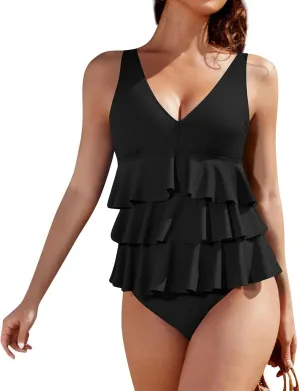 Womens One Piece Bathing Suits Tummy Control V Neck Tiered Ruffle Swimsuits Retro Flounce High Cut Monokini Swimwear