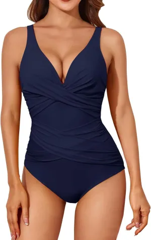 Women's One Piece Swimsuit Sexy Tummy Control Swimwear V Neck Halter Push Up Full Coverage Bathing Suits