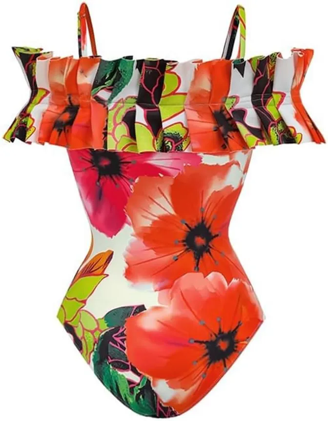 Women's One Piece Swimsuits with Beach Cover up Wrap Skirt 2 Pieces Bathing Suits for Women Floral Print Bikini Set