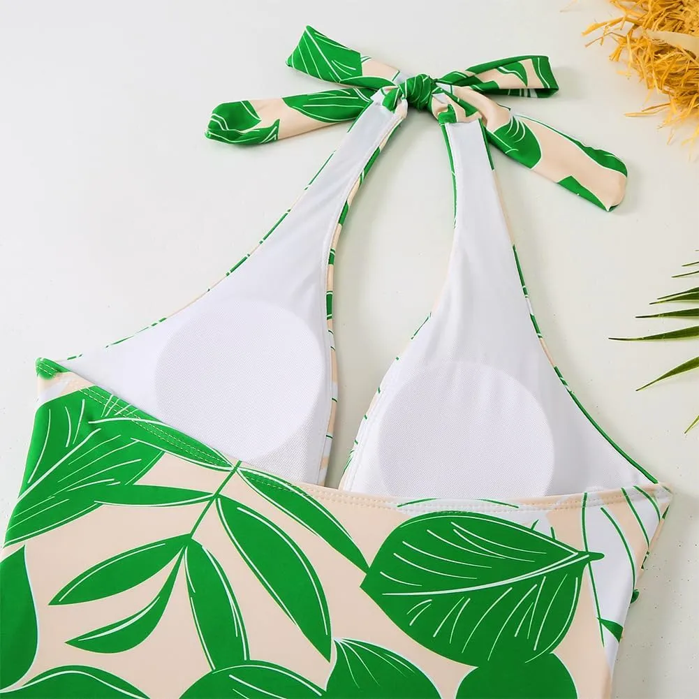 Women's One Piece Swimsuits with Beach Cover up Wrap Skirt 2 Pieces Bathing Suits for Women Floral Print Bikini Set