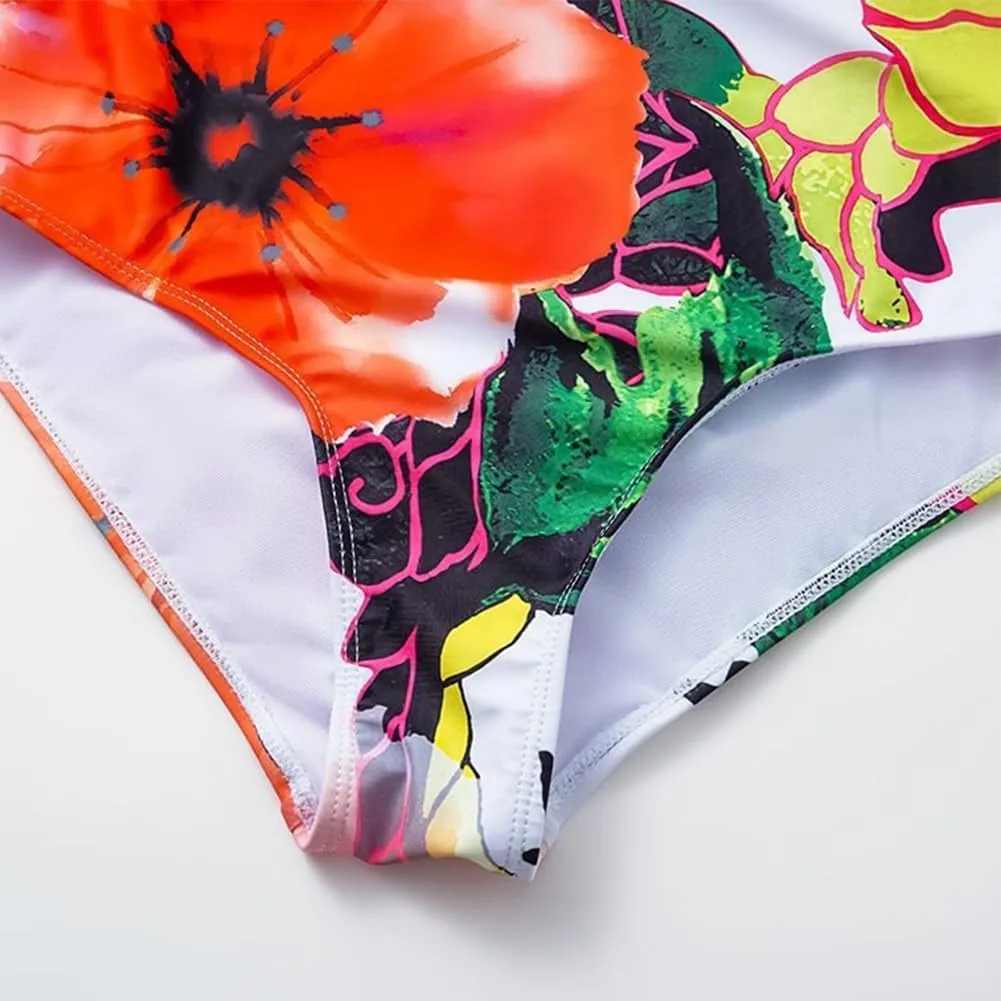 Women's One Piece Swimsuits with Beach Cover up Wrap Skirt 2 Pieces Bathing Suits for Women Floral Print Bikini Set