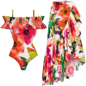 Women's One Piece Swimsuits with Beach Cover up Wrap Skirt 2 Pieces Bathing Suits for Women Floral Print Bikini Set