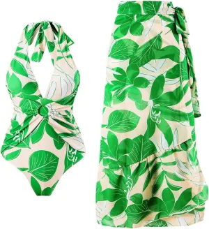 Women's One Piece Swimsuits with Beach Cover up Wrap Skirt 2 Pieces Bathing Suits for Women Floral Print Bikini Set