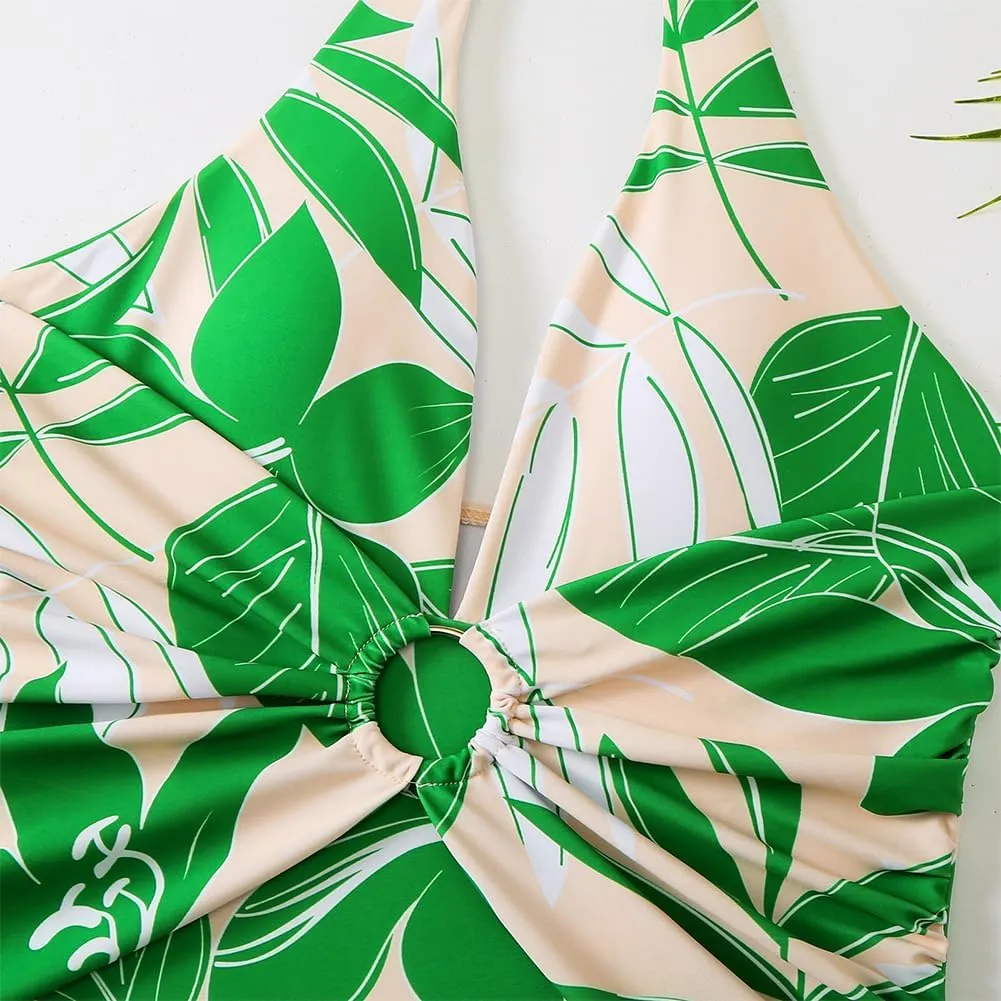 Women's One Piece Swimsuits with Beach Cover up Wrap Skirt 2 Pieces Bathing Suits for Women Floral Print Bikini Set