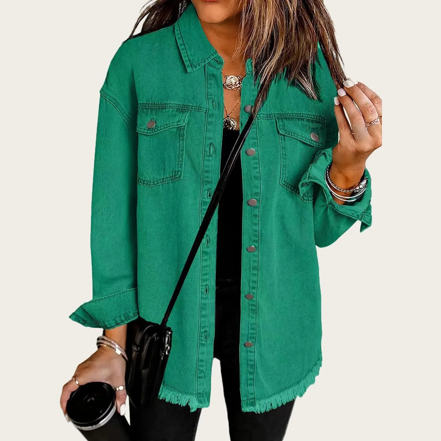 Womens Oversized Denim Jacket Casual Long Boyfriend Button Down Distressed Jean Jacket Fall Shacket Jacket