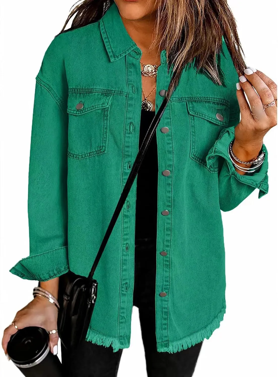 Womens Oversized Denim Jacket Casual Long Boyfriend Button Down Distressed Jean Jacket Fall Shacket Jacket