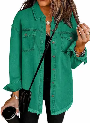 Womens Oversized Denim Jacket Casual Long Boyfriend Button Down Distressed Jean Jacket Fall Shacket Jacket