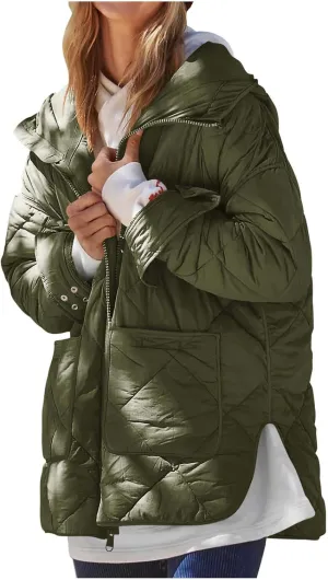 Women's Oversized Lightweight Down Coat Long Sleeve Side Slits Zip Short Puffer Jackets Outdoor Solid Quilted Jacket