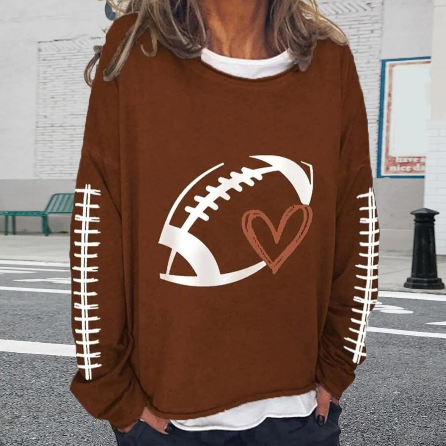 Womens Oversized Sweatshirts Funny Letter Rugby Print Drop Shoulder Pullovers Crewneck Long Sleeve Lightweight Blouse