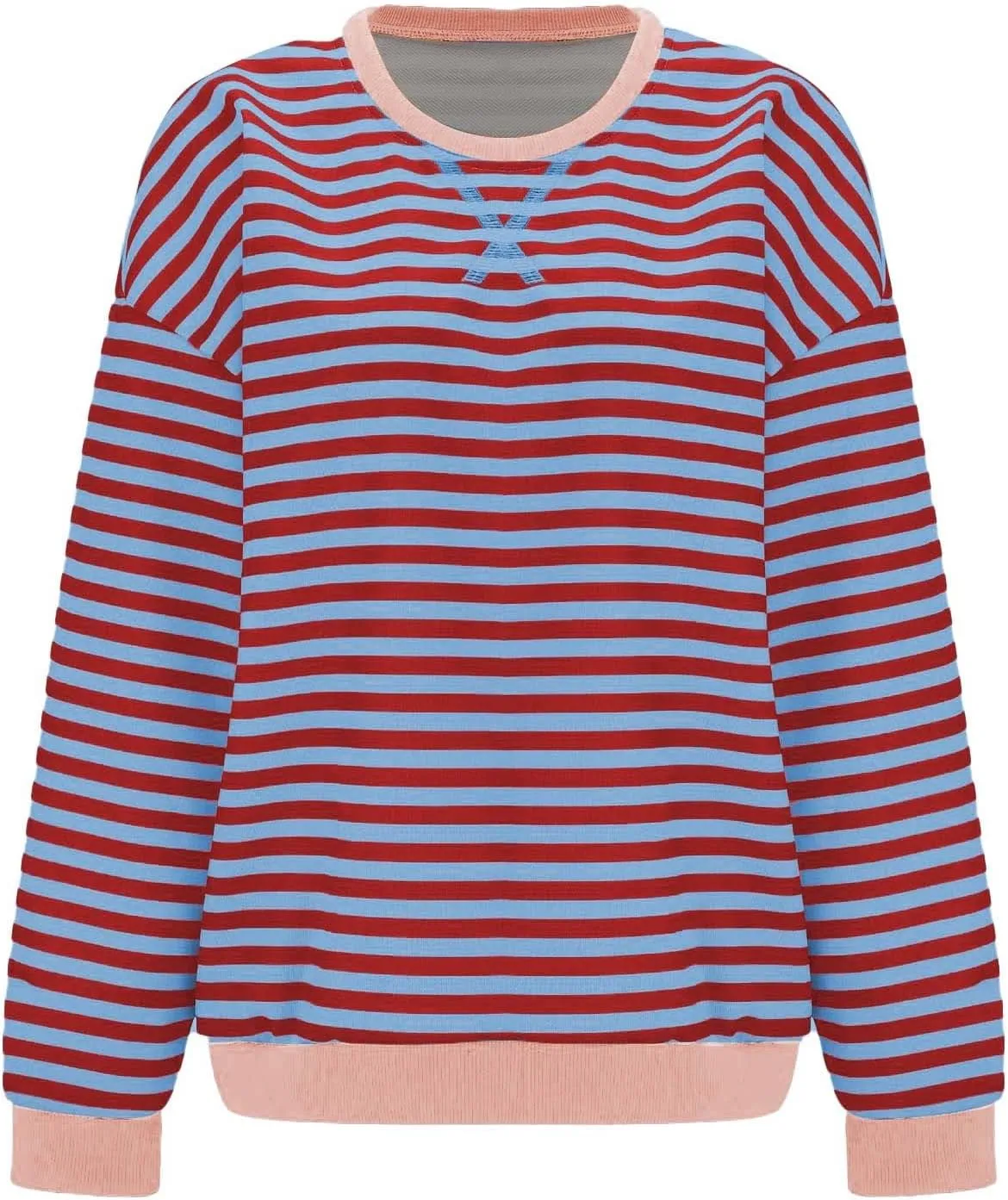 Womens Oversized Sweatshirts Striped Color Block Crewneck Long Sleeve Loose Fit Pullerover T Shirts Autumn Casual Tops