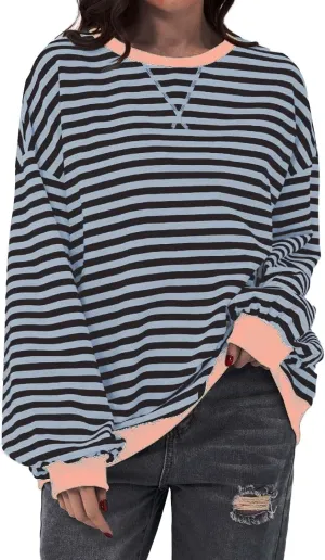 Womens Oversized Sweatshirts Striped Color Block Crewneck Long Sleeve Loose Fit Pullerover T Shirts Autumn Casual Tops