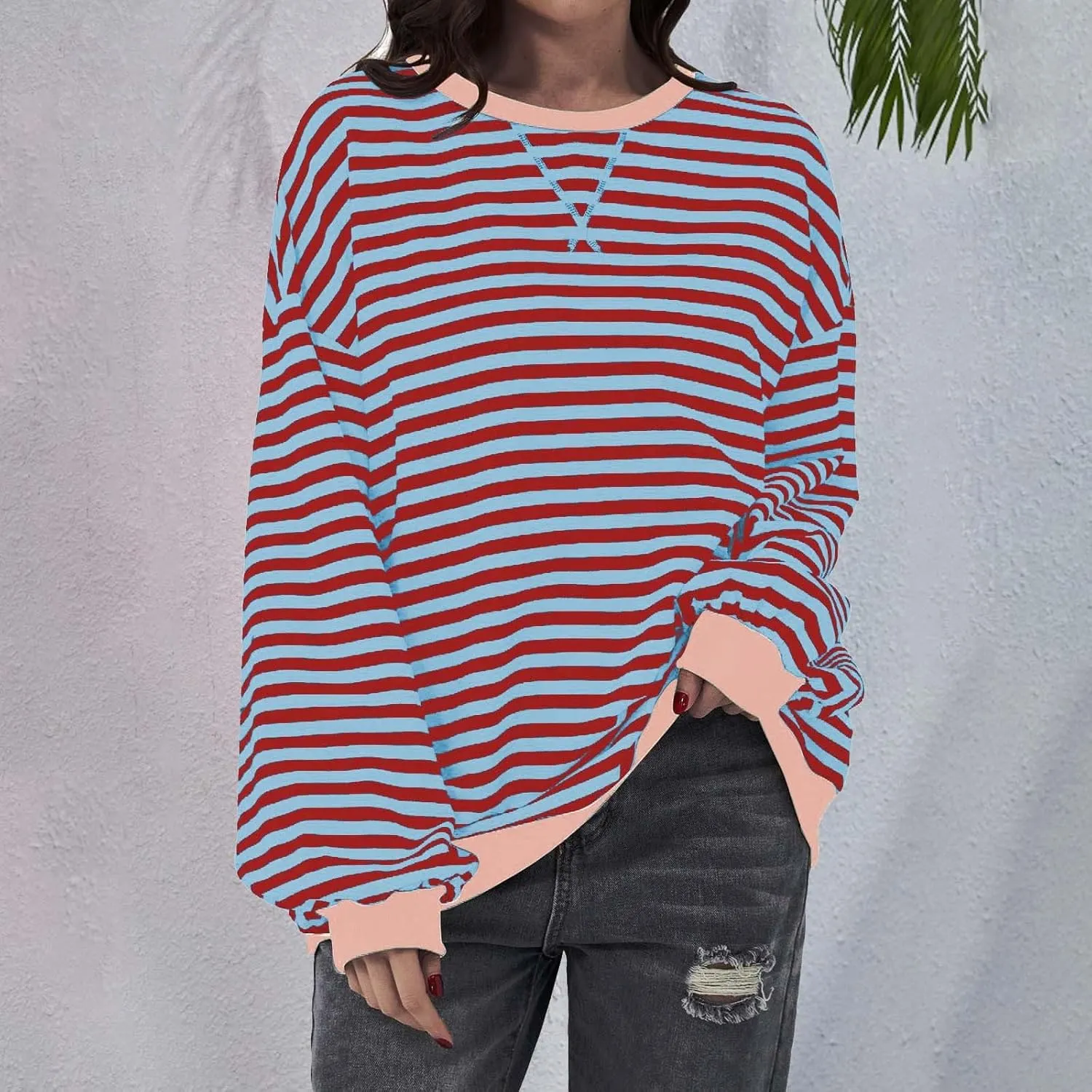 Womens Oversized Sweatshirts Striped Color Block Crewneck Long Sleeve Loose Fit Pullerover T Shirts Autumn Casual Tops