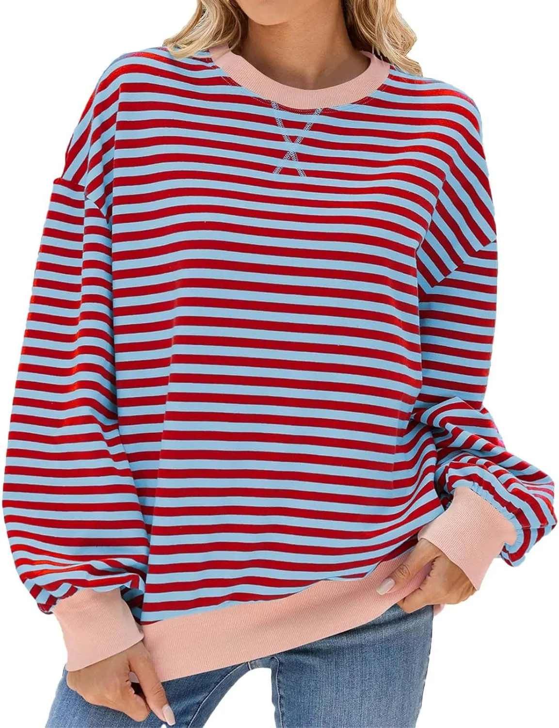 Womens Oversized Sweatshirts Striped Color Block Crewneck Long Sleeve Loose Fit Pullerover T Shirts Autumn Casual Tops