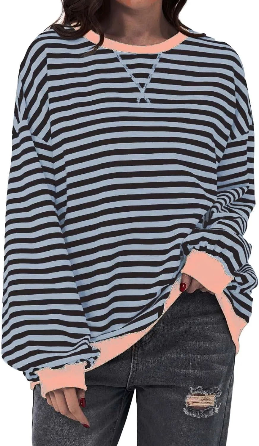 Womens Oversized Sweatshirts Striped Color Block Crewneck Long Sleeve Loose Fit Pullerover T Shirts Autumn Casual Tops