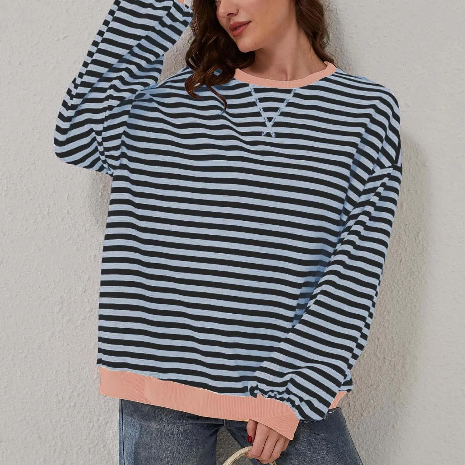 Womens Oversized Sweatshirts Striped Color Block Crewneck Long Sleeve Loose Fit Pullerover T Shirts Autumn Casual Tops