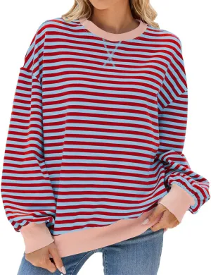Womens Oversized Sweatshirts Striped Color Block Crewneck Long Sleeve Loose Fit Pullerover T Shirts Autumn Casual Tops