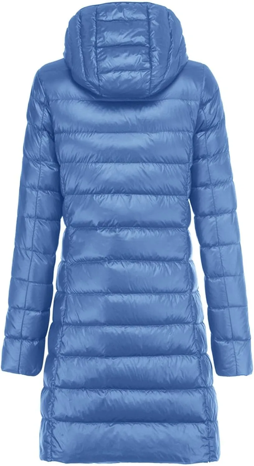 Women's Packable Lightweight Long Down Jacket Casual Solid Color Long Sleeve Windproof Warm Winter Parkas for Women