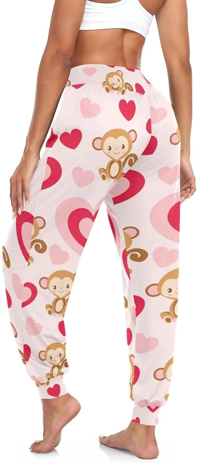 Women's Pajama Pants Red Heart Monkey Women Harem Pants Sweatpants Yoga Pants Athletic Lounge Pants S
