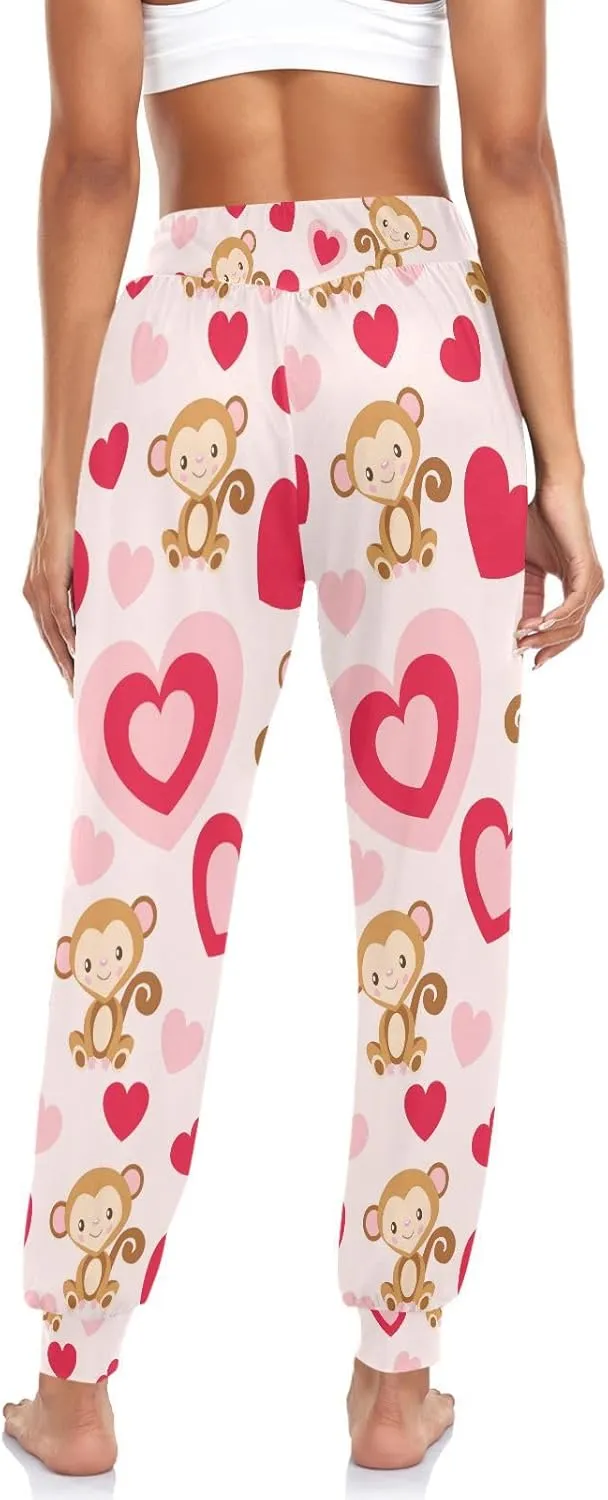 Women's Pajama Pants Red Heart Monkey Women Harem Pants Sweatpants Yoga Pants Athletic Lounge Pants S