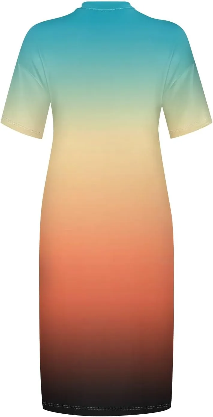 Women's Plus Size Summer Dresses 2025 Short Sleeve Knee Length Gradient Loose Tshirt Dresses Casual, L-5XL