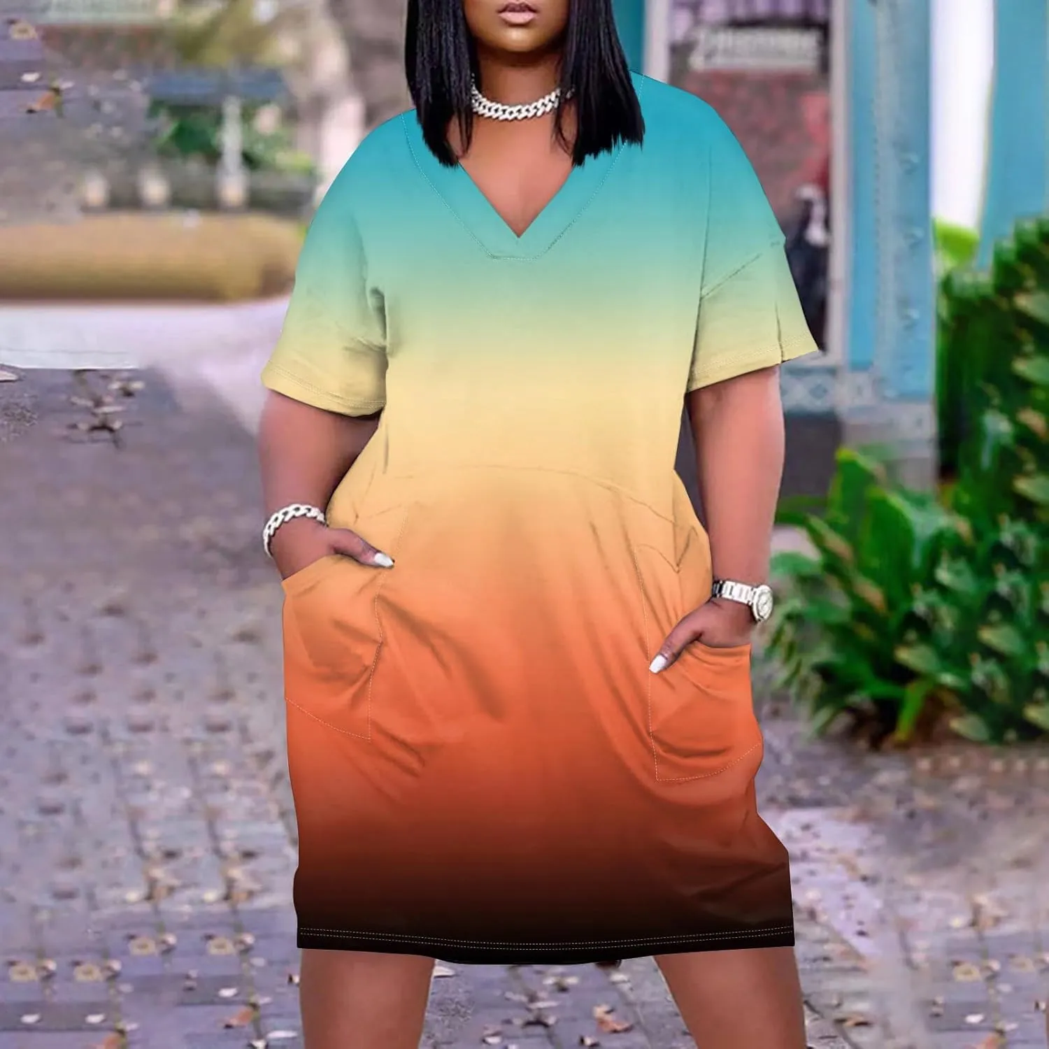 Women's Plus Size Summer Dresses 2025 Short Sleeve Knee Length Gradient Loose Tshirt Dresses Casual, L-5XL