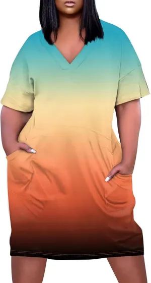Women's Plus Size Summer Dresses 2025 Short Sleeve Knee Length Gradient Loose Tshirt Dresses Casual, L-5XL