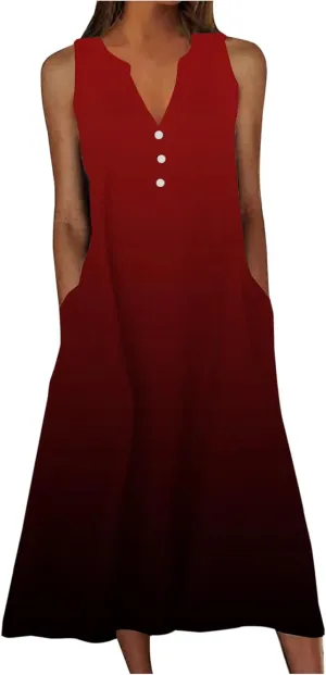 Women's Plus Size Summer Floral Print Casual Dress Vintage Sleeveless Neck V-Neck Long Tank Dress with Pockets