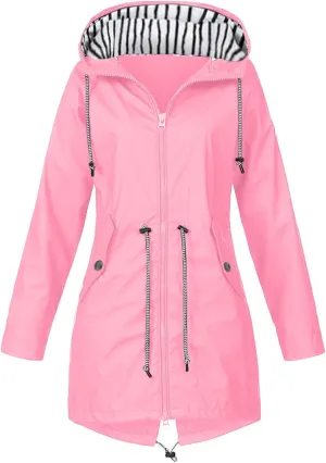 Womens Rain Jacket With Hood Lightweight Long Sleeve Windbreaker Zip Up Drawstring Raincoat With Pockets Cozy