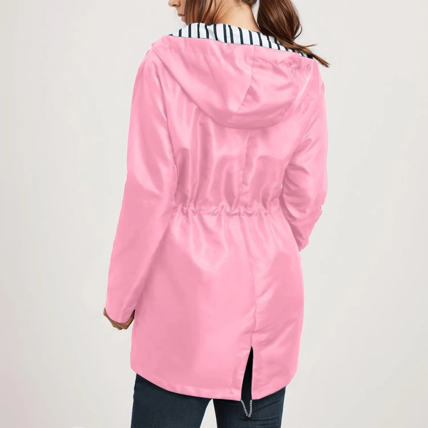Womens Rain Jacket With Hood Lightweight Long Sleeve Windbreaker Zip Up Drawstring Raincoat With Pockets Cozy