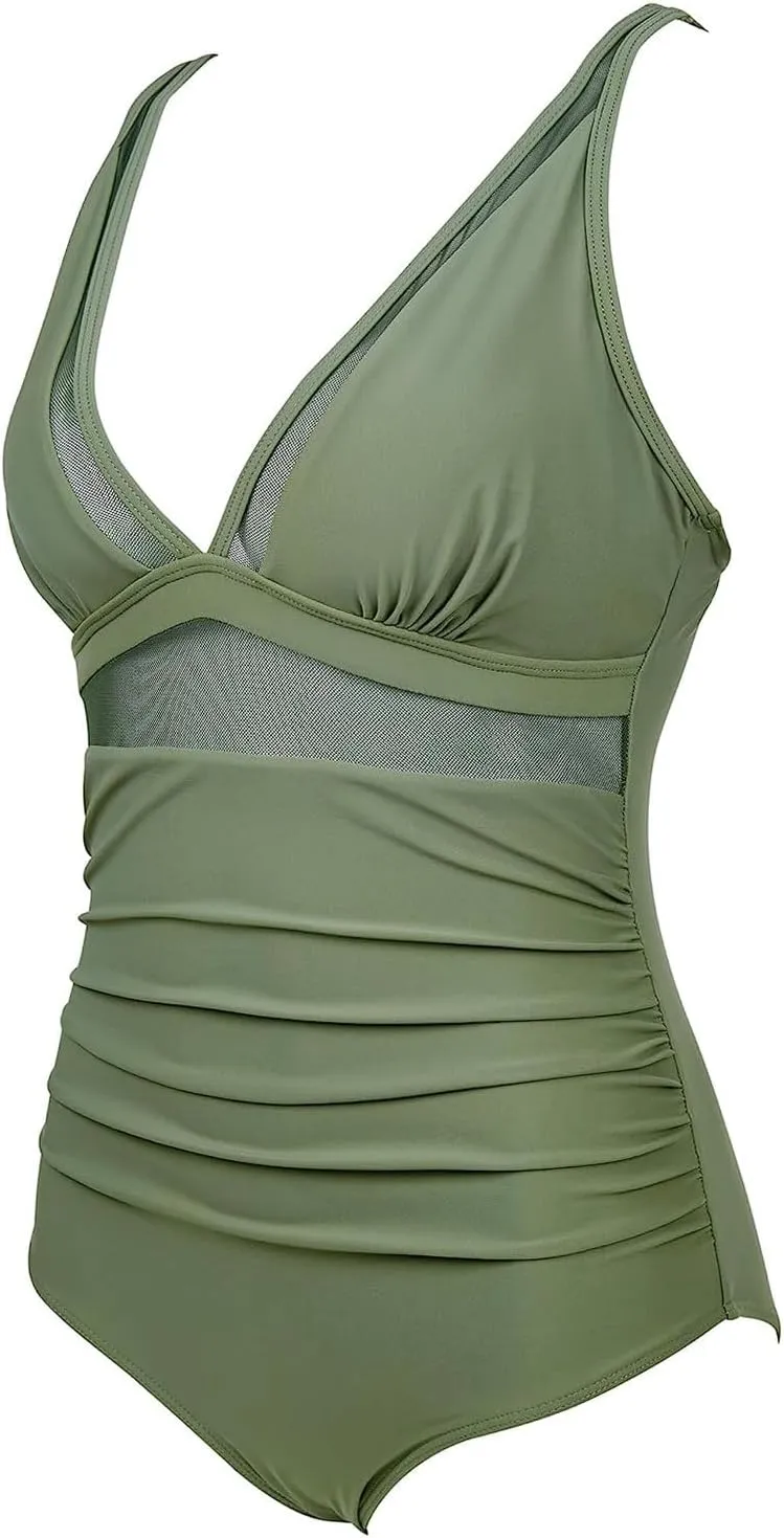 Womens Sexy Mesh Tummy Control Swimsuit Push Up High Waist Bathing Suit Full Coverage One Piece Swimwears