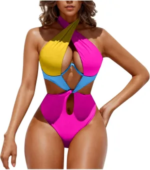 Womens Sexy One Piece Swimsuit Cut Out Criss Cross Bathing Suit Thong Monokini Colorblock Underwire Halter Swimwear