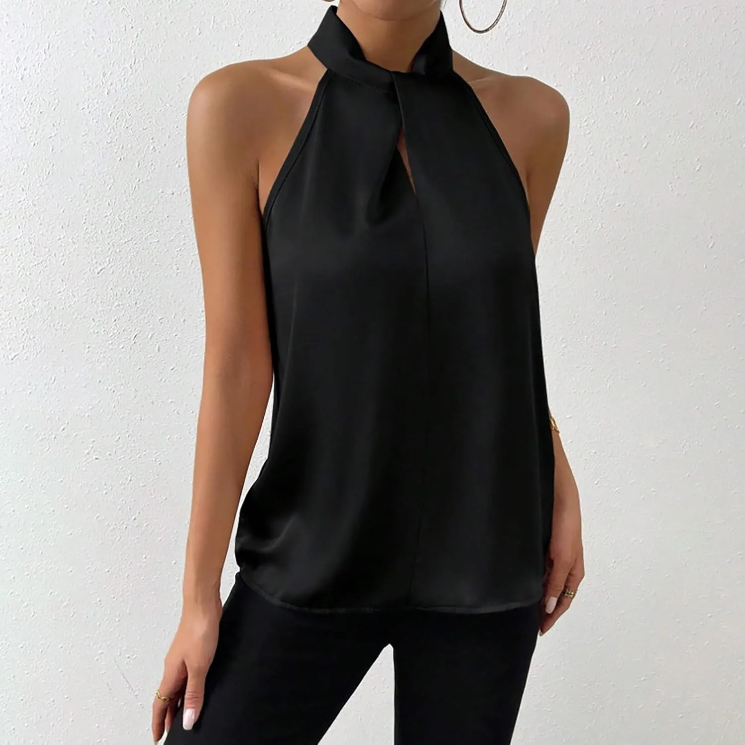 Women's Silk Satin Tank Sexy Elegant Halterneck T Shirts Fashion Sleeveless Shirts Tops Casual Summer Dressy Blouse