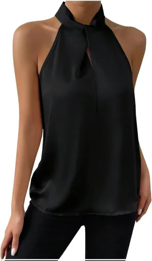 Women's Silk Satin Tank Sexy Elegant Halterneck T Shirts Fashion Sleeveless Shirts Tops Casual Summer Dressy Blouse
