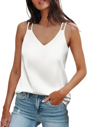 Womens Silk Satin Tank Tops V Neck Casual Cami Sleeveless Camisole Blouses Dressy Casual Summer Basic Tank Shirt