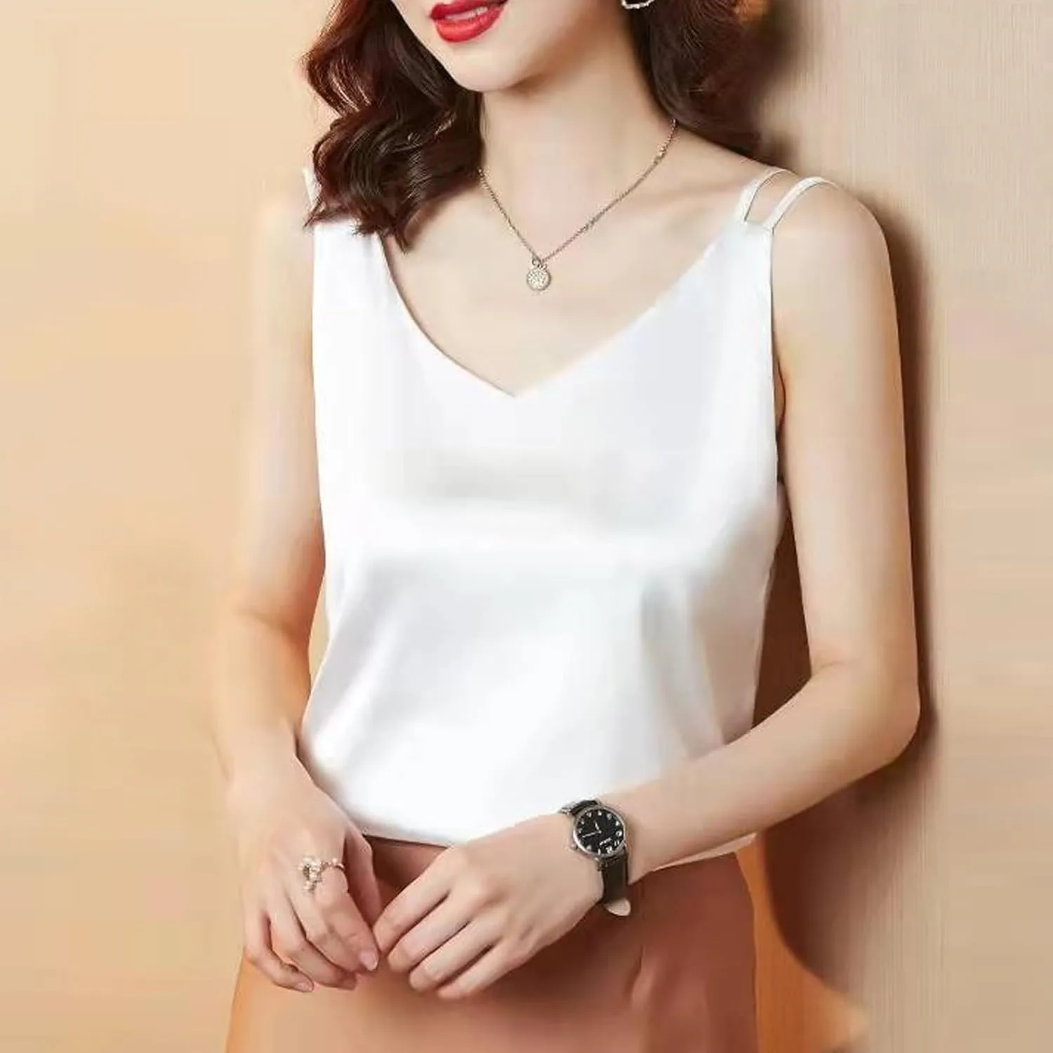 Womens Silk Satin Tank Tops V Neck Casual Cami Sleeveless Camisole Blouses Dressy Casual Summer Basic Tank Shirt