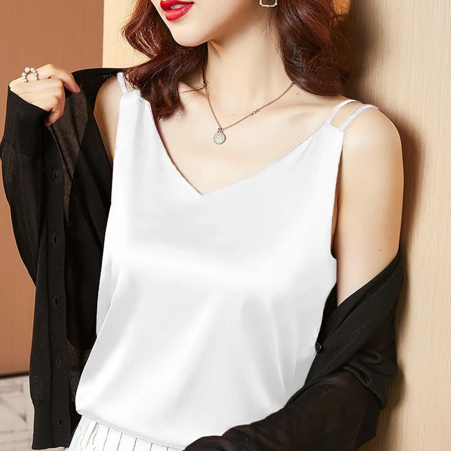 Womens Silk Satin Tank Tops V Neck Casual Cami Sleeveless Camisole Blouses Dressy Casual Summer Basic Tank Shirt