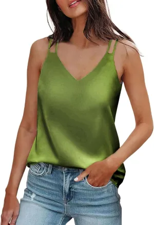 Womens Silk Satin Tank Tops V Neck Casual Cami Sleeveless Camisole Blouses Dressy Casual Summer Basic Tank Shirt