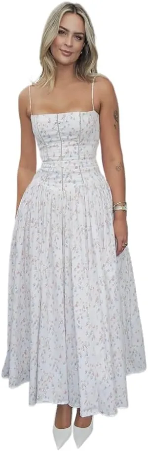 Women's Spaghetti Strap Maxi Dinner Party Dress Elegant Floral Print Holiday Dress 2025