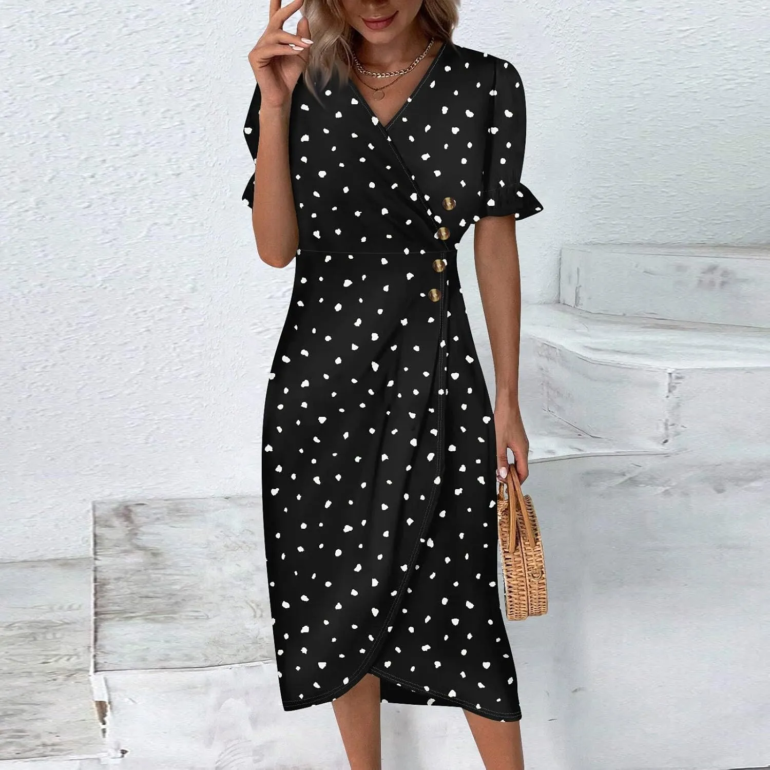 Women's Summer Casual Loose Short Sleeve V-Neck Floral Printed Solid Sun Beach Vacation Dress Plus Size, S-3XL