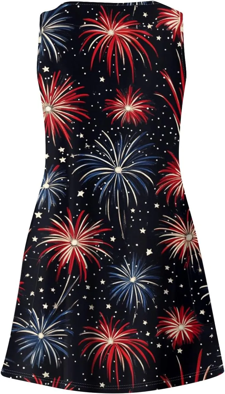 Women's Summer Dresses 4Th July Dresses V Neck Sleeveless Tank Sundresses with Pockets Floral Mini Dress, S-2XL