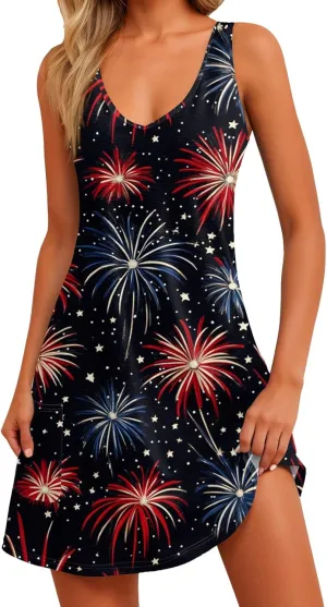 Women's Summer Dresses 4Th July Dresses V Neck Sleeveless Tank Sundresses with Pockets Floral Mini Dress, S-2XL