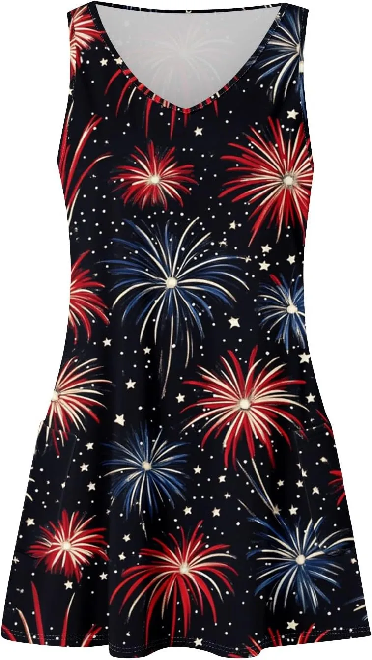Women's Summer Dresses 4Th July Dresses V Neck Sleeveless Tank Sundresses with Pockets Floral Mini Dress, S-2XL
