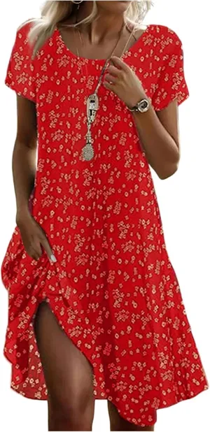 Women's Summer Floral Sundresses with Pockets, Loose Fit Short Sleeve Round Neck Knee Length Boho Beach Dress