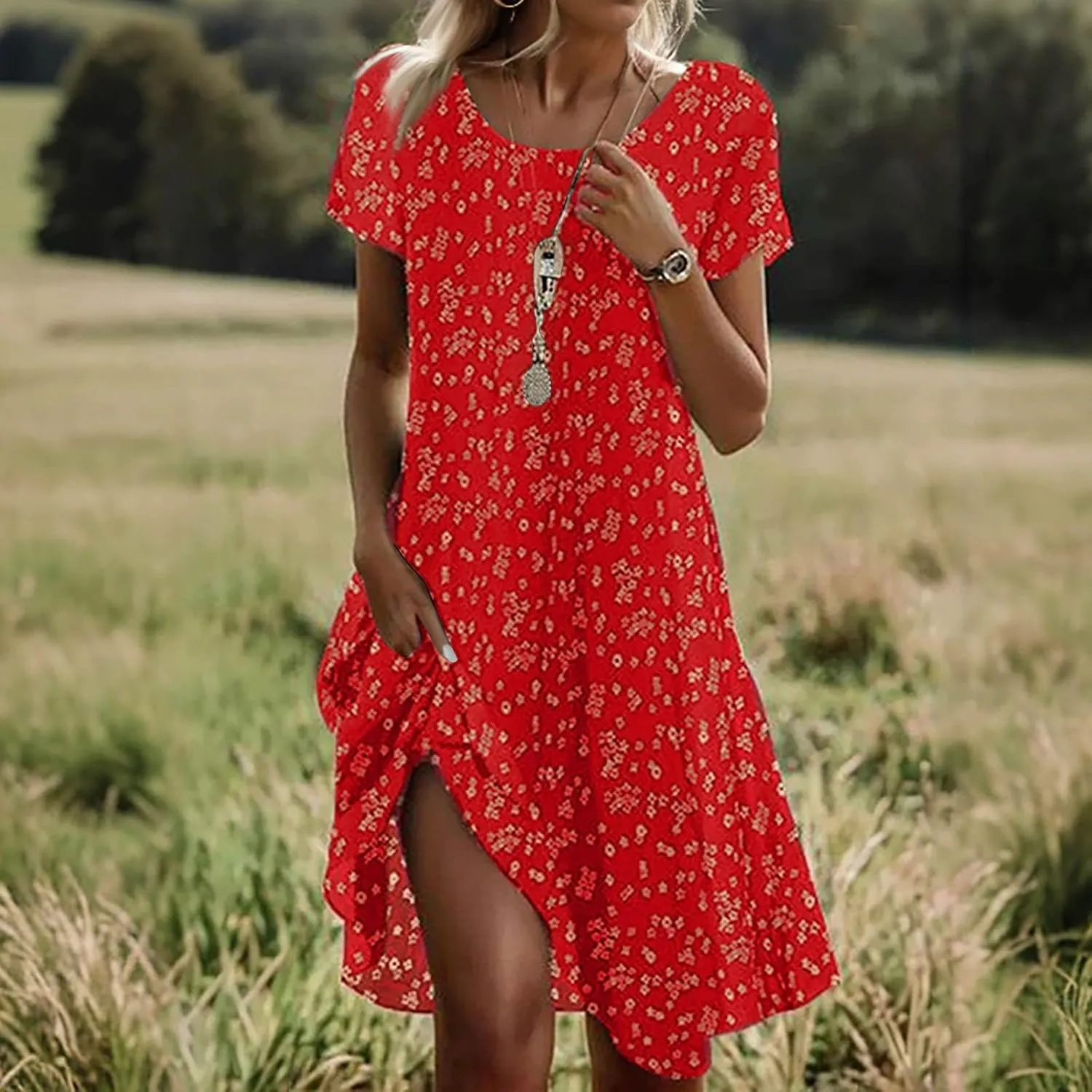 Women's Summer Floral Sundresses with Pockets, Loose Fit Short Sleeve Round Neck Knee Length Boho Beach Dress